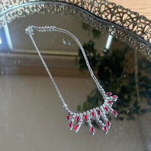 Vintage Women’s Necklace Silver Red Rhinestone Marquis Drop